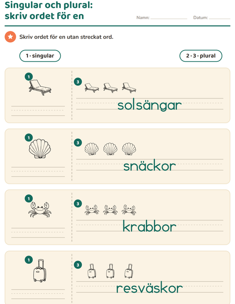 Förhandsvisning av Singular och plural-arbetsblad med Strand SV 2 för Förskoleklass