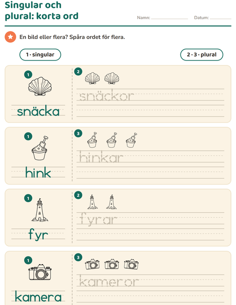 Förhandsvisning av Singular och plural-arbetsblad med Strand SV för Förskoleklass