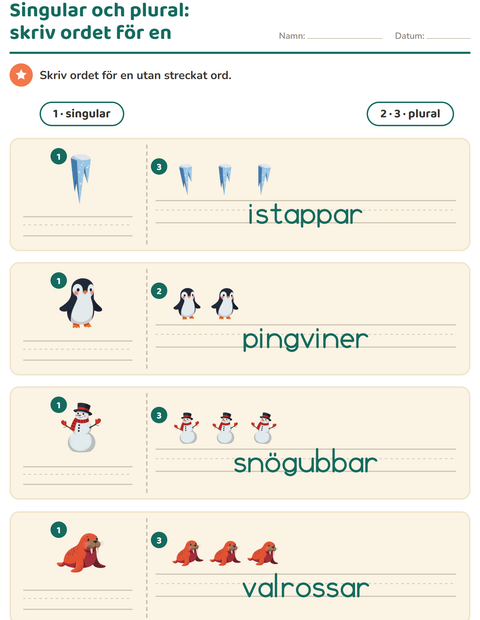 Förhandsvisning av Singular och plural-arbetsblad med Vinter för Förskoleklass