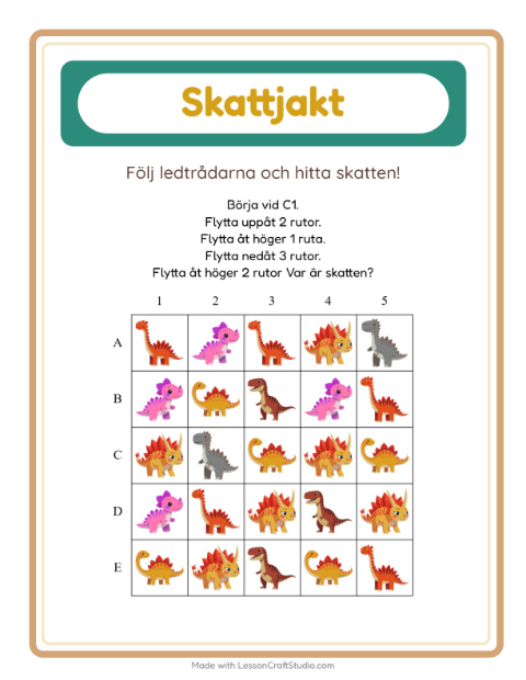 Förhandsvisning av Skattjakt-arbetsblad med Dinosaurier för Årskurs 1