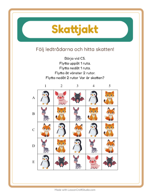 Skattjakt med pilar och djur – arbetsblad för förskolan — 2