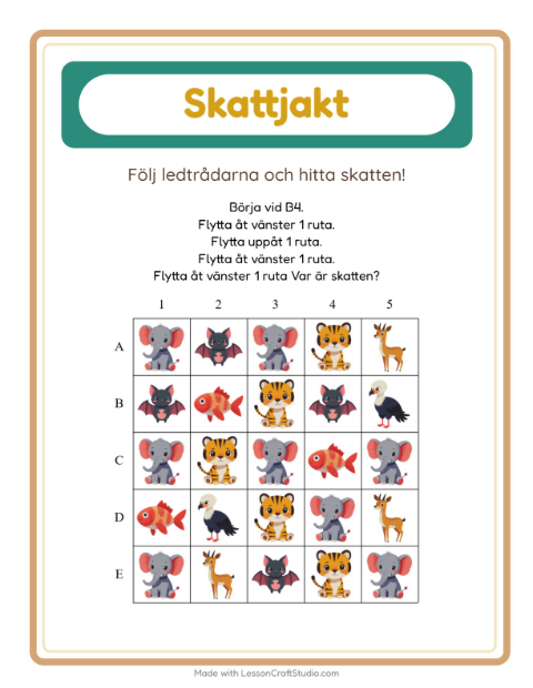 Förhandsvisning av Skattjakt med pilar och djur – arbetsblad för förskolan