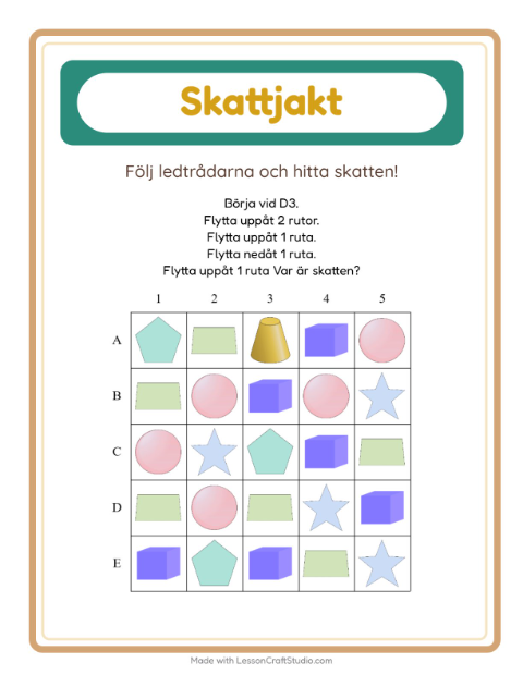 Förhandsvisning av Skattjakt med pilar och former – arbetsblad för förskolan