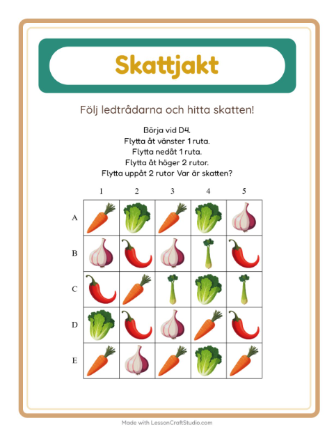 Förhandsvisning av Skattjakt-arbetsblad med Grönsaker för Årskurs 1