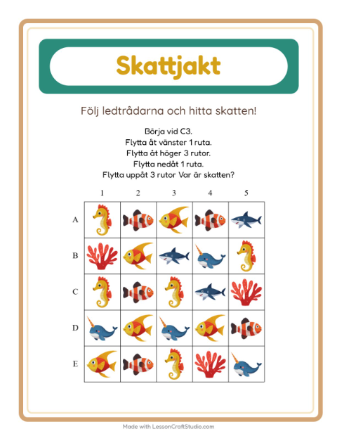 Förhandsvisning av Skattjakt-arbetsblad med Havsliv för Årskurs 1