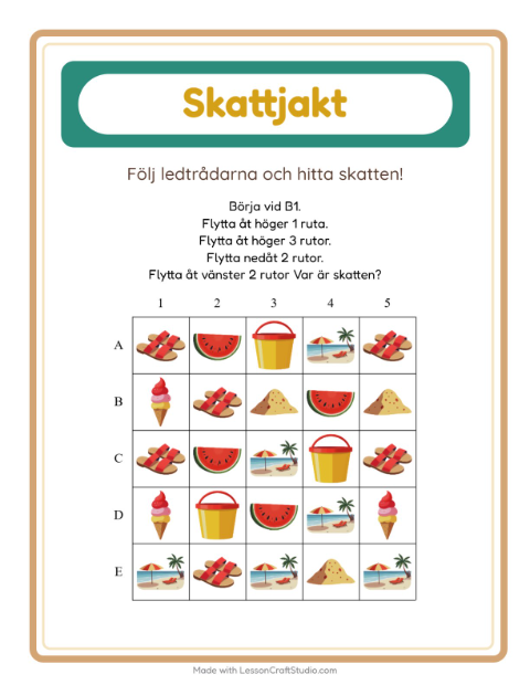 Förhandsvisning av Skattjakt-arbetsblad med Sommar för Årskurs 1
