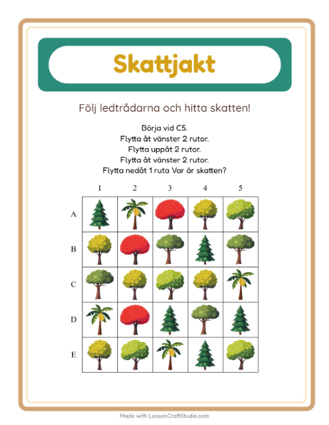 Förhandsvisning av Skattjakt-arbetsblad med Träd för Årskurs 1