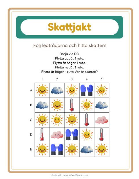 Förhandsvisning av Skattjakt-arbetsblad med Väder för Årskurs 1