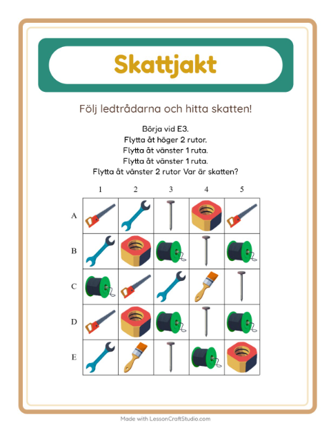 Förhandsvisning av Skattjakt-arbetsblad med Verktyg för Årskurs 1