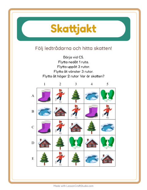 Förhandsvisning av Skattjakt-arbetsblad med Vinter för Årskurs 1