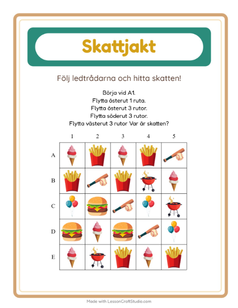Förhandsvisning av Skattjakt-arbetsblad med 4 juli för Årskurs 1