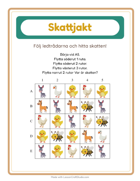 Förhandsvisning av Skattjakt-arbetsblad med Bondgårdsdjur för Årskurs 1