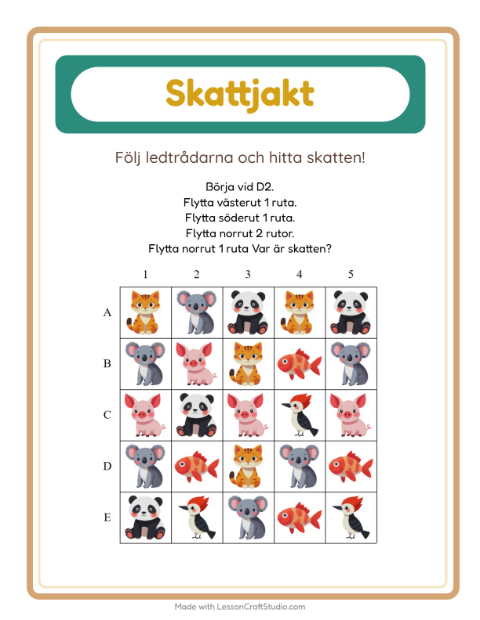 Förhandsvisning av Skattjakt-arbetsblad med Djur för Årskurs 1