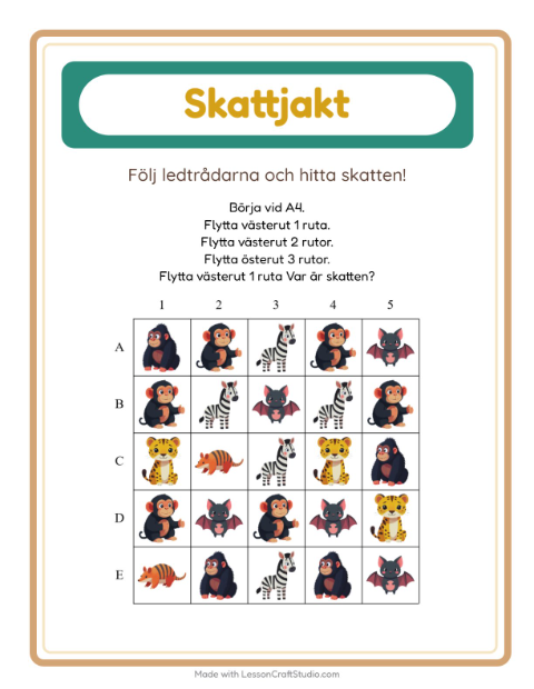Förhandsvisning av Skattjakt-arbetsblad med Djurparksdjur för Årskurs 1