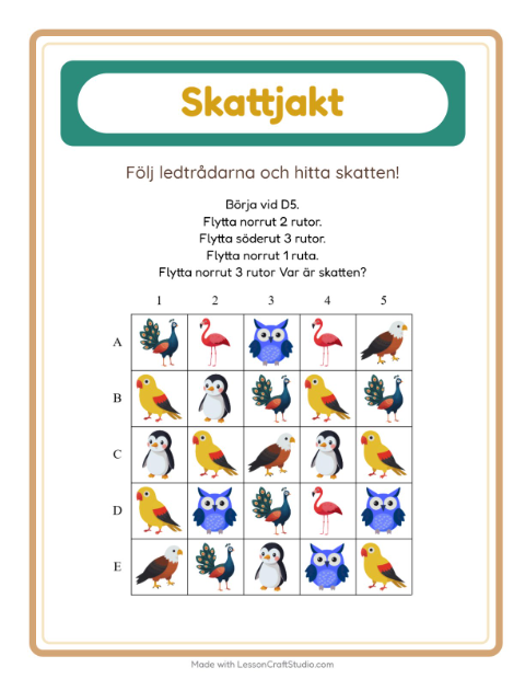Förhandsvisning av Skattjakt-arbetsblad med Fåglar för Årskurs 1