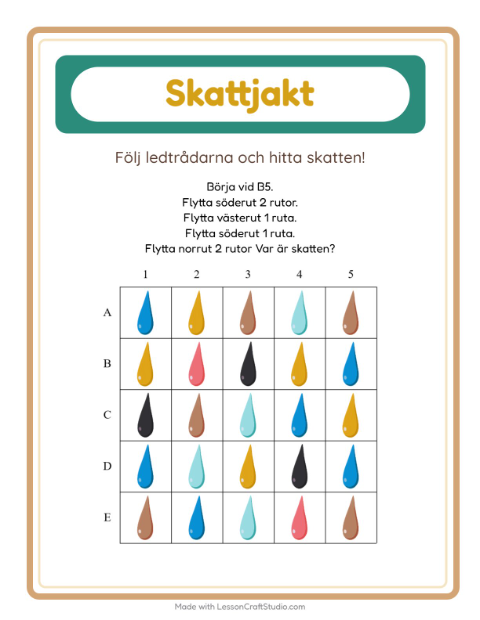 Förhandsvisning av Skattjakt med kompass och färger – arbetsblad för förskolan