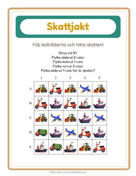 Förhandsvisning av Skattjakt-arbetsblad med Fordon för Årskurs 1