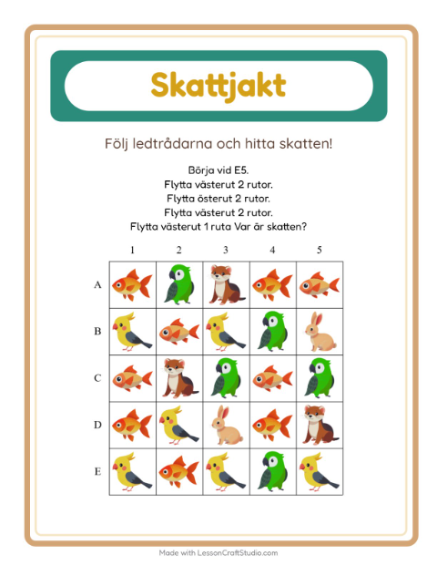 Förhandsvisning av Skattjakt-arbetsblad med Husdjur för Årskurs 1