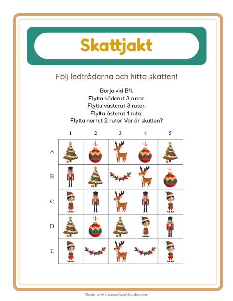 Förhandsvisning av Skattjakt-arbetsblad med Jul för Årskurs 1