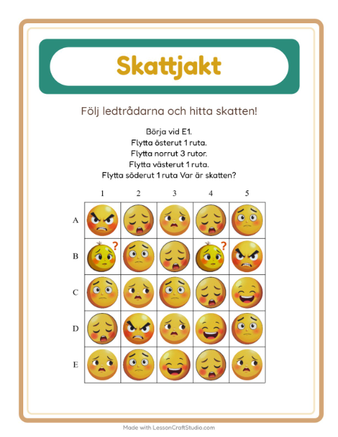 Förhandsvisning av Skattjakt-arbetsblad med Känslor för Årskurs 1