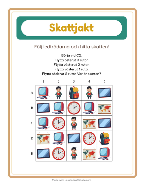 Förhandsvisning av Skattjakt-arbetsblad med Klassrum för Årskurs 1