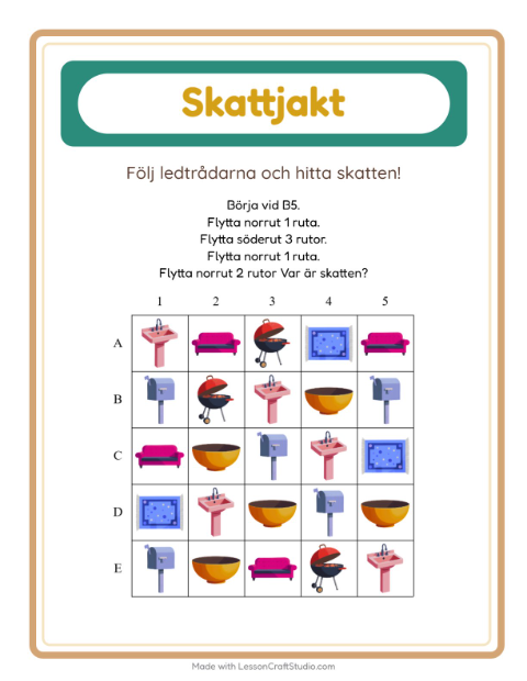 Förhandsvisning av Skattjakt-arbetsblad med Runt huset för Årskurs 1