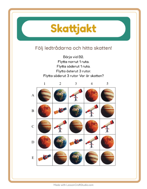 Förhandsvisning av Skattjakt-arbetsblad med Rymden för Årskurs 1