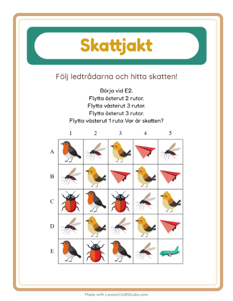 Förhandsvisning av Skattjakt-arbetsblad med Saker som flyger för Årskurs 1