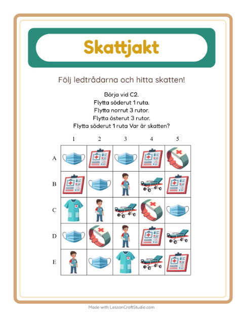 Förhandsvisning av Skattjakt-arbetsblad med Sjukhus för Årskurs 1