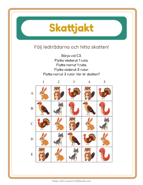 Förhandsvisning av Skattjakt-arbetsblad med Skogsdjur för Årskurs 1
