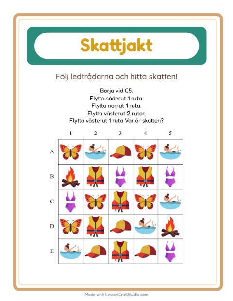 Förhandsvisning av Skattjakt-arbetsblad med Sommar för Årskurs 1