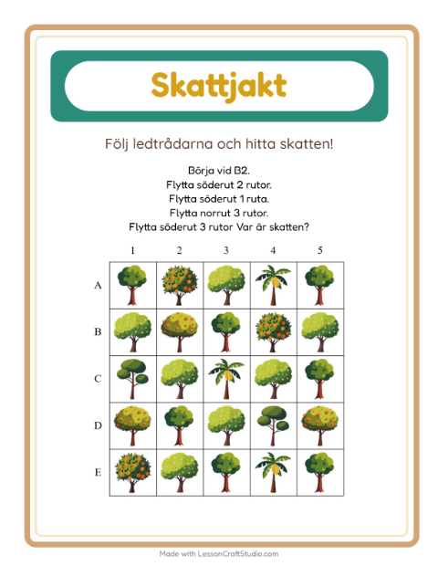Förhandsvisning av Skattjakt-arbetsblad med Träd för Årskurs 1