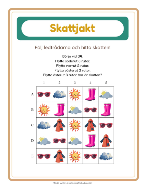 Förhandsvisning av Skattjakt med kompass och moln – arbetsblad för förskolan