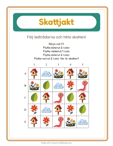 Förhandsvisning av Skattjakt-arbetsblad med Vår för Årskurs 1