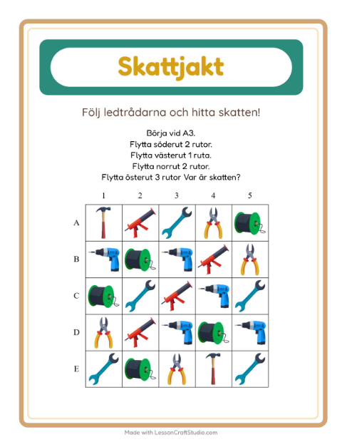 Förhandsvisning av Skattjakt-arbetsblad med Verktyg för Årskurs 1