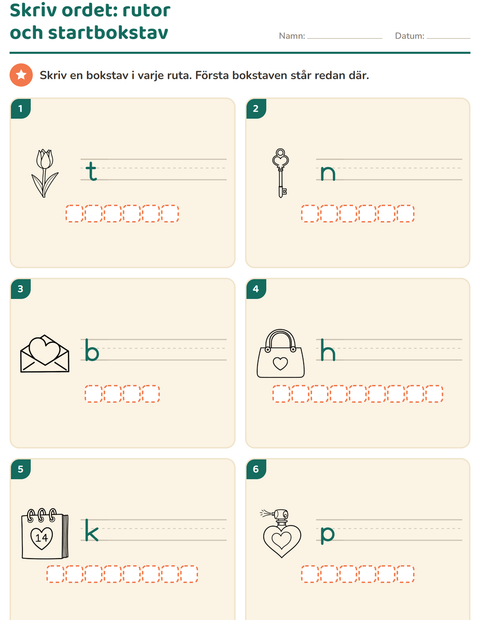 Förhandsvisning av Skriv ordet-arbetsblad med Alla hjärtans dag SV 2 för Årskurs 1