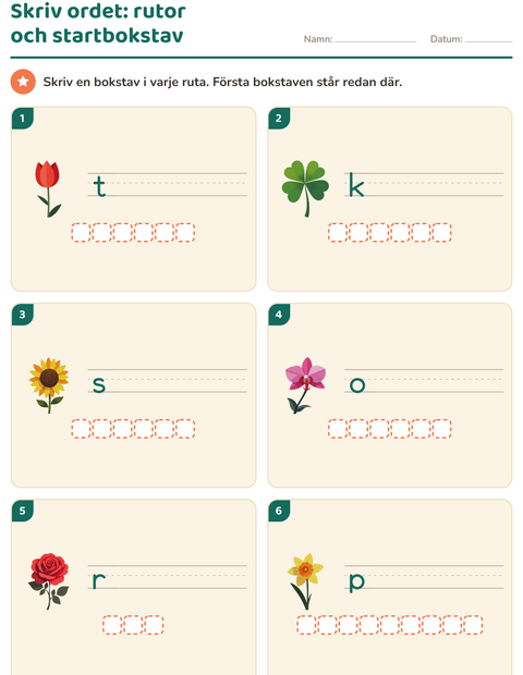 Förhandsvisning av Skriv ordet-arbetsblad med Blommor för Årskurs 1