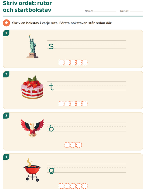 Förhandsvisning av Skriv ordet-arbetsblad med 4 juli för Årskurs 1