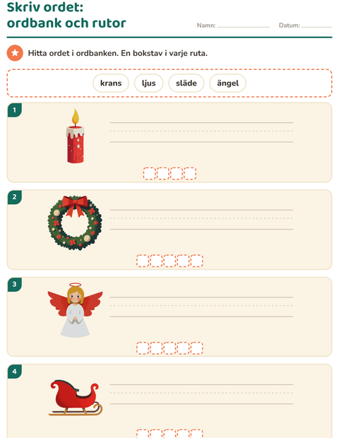 Förhandsvisning av Skriv ordet-arbetsblad med Jul för Årskurs 1