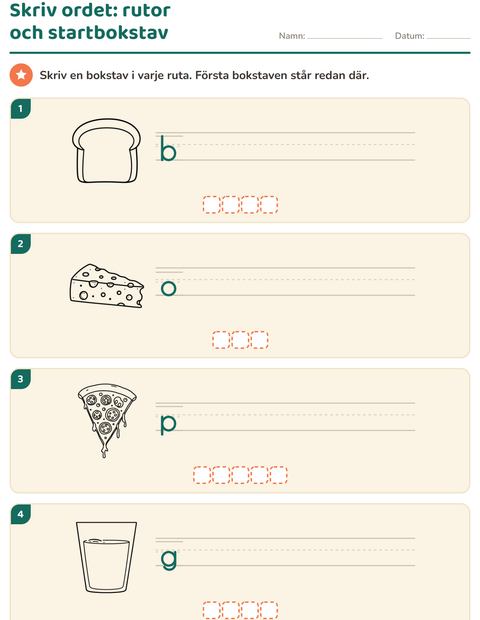 Förhandsvisning av Skriv ordet-arbetsblad med Mat SV 3 för Årskurs 1