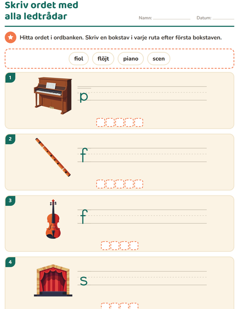 Förhandsvisning av Skriv ordet-arbetsblad med Musik för Årskurs 1