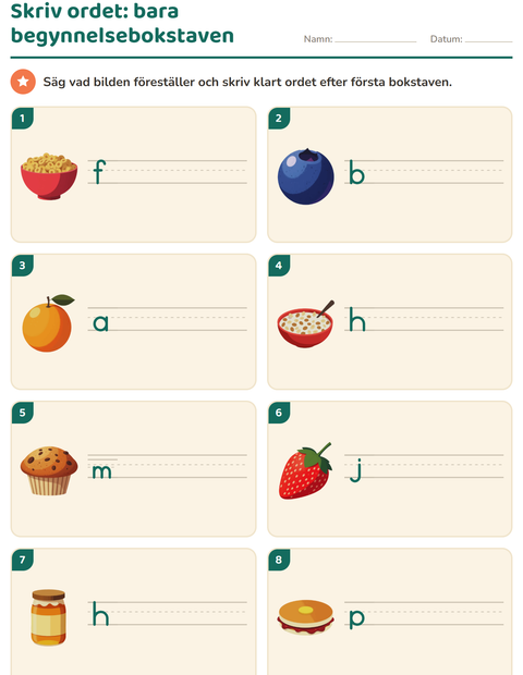 Förhandsvisning av Skriv ordet-arbetsblad med Frukost för Årskurs 1