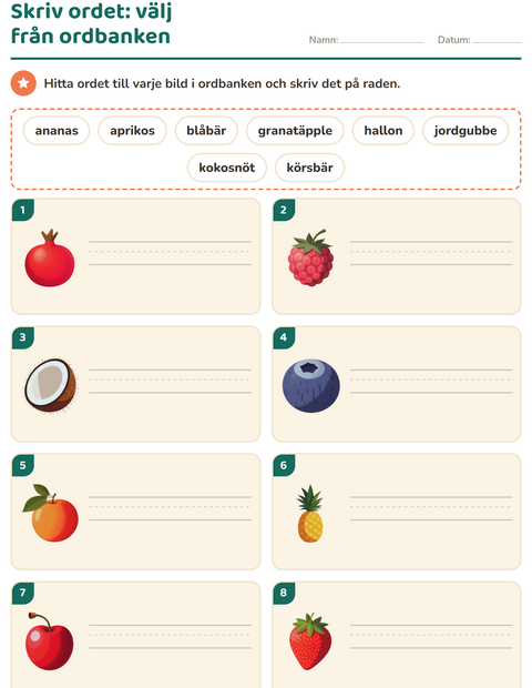 Förhandsvisning av Skriv ordet-arbetsblad med Frukter för Årskurs 1