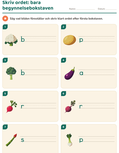Förhandsvisning av Skriv ordet-arbetsblad med Grönsaker för Årskurs 1