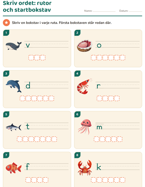 Förhandsvisning av Skriv ordet-arbetsblad med Havsliv för Årskurs 1