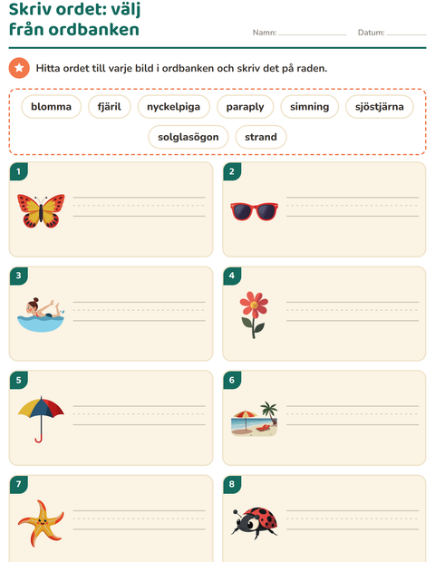 Förhandsvisning av Skriv ordet-arbetsblad med Sommar för Årskurs 1