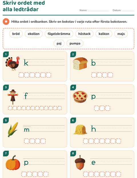 Förhandsvisning av Skriv ordet-arbetsblad med Thanksgiving för Årskurs 1