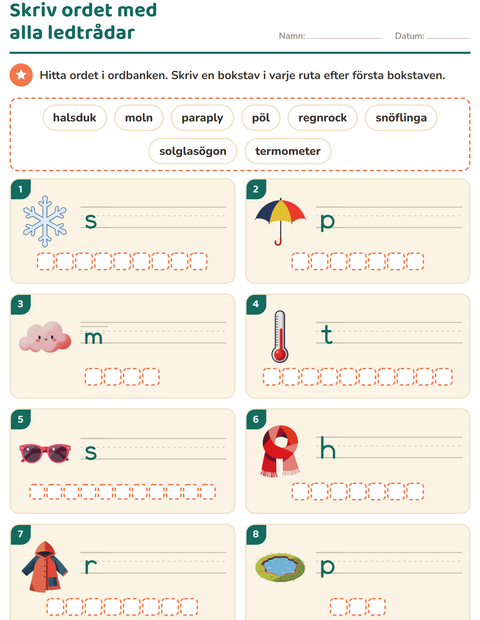 Förhandsvisning av Skriv ordet-arbetsblad med Väder för Årskurs 1