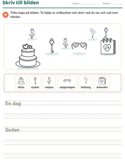 Förhandsvisning av Skriv till bilden-arbetsblad med Alla hjärtans dag SV 2 för Årskurs 2