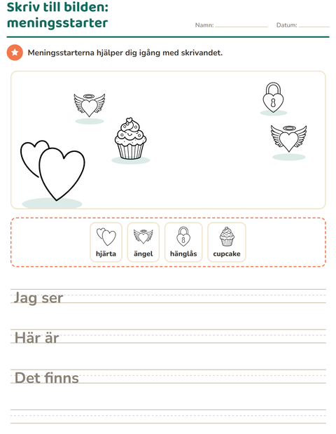 Förhandsvisning av Skriv till bilden-arbetsblad med Alla hjärtans dag SV för Årskurs 2